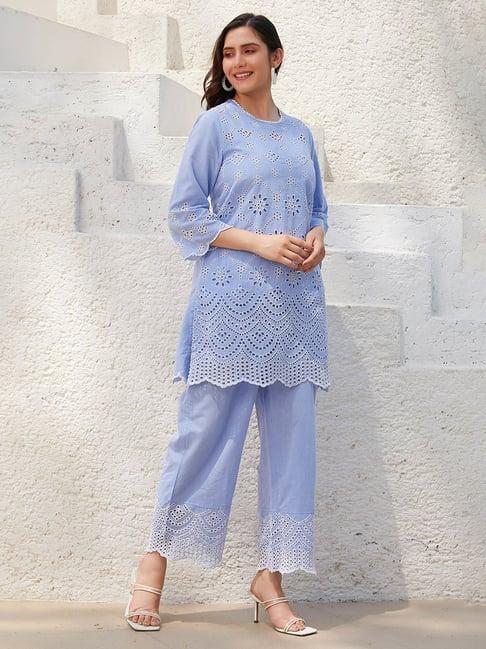 biba sky blue cotton embroidered kurta & palazzo set