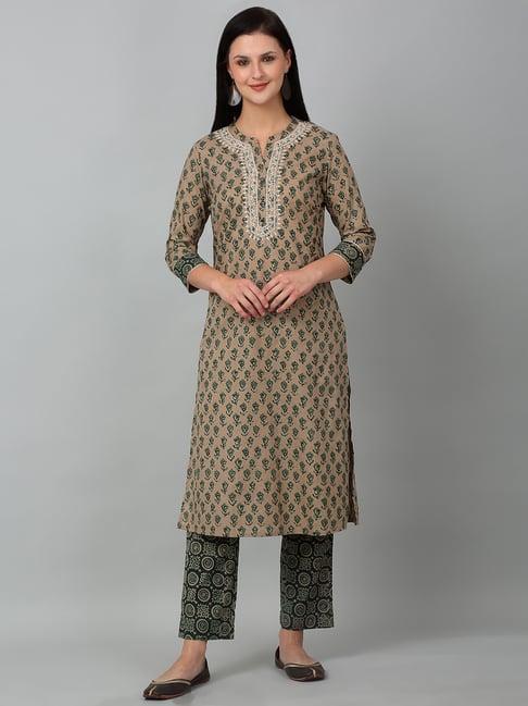 cantabil green & brown cotton floral print kurta with pants