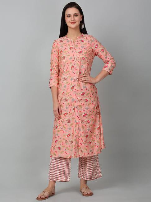 cantabil peach floral print kurta with palazzos