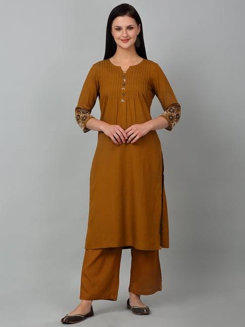 cantabil brown printed kurta with palazzos