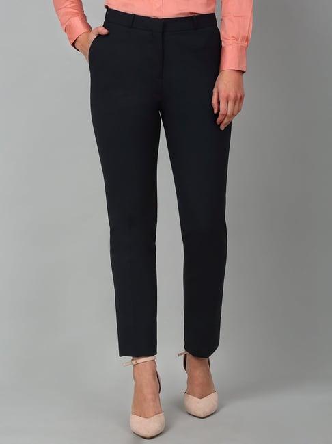 cantabil navy cotton lycra  regular fit mid rise trousers