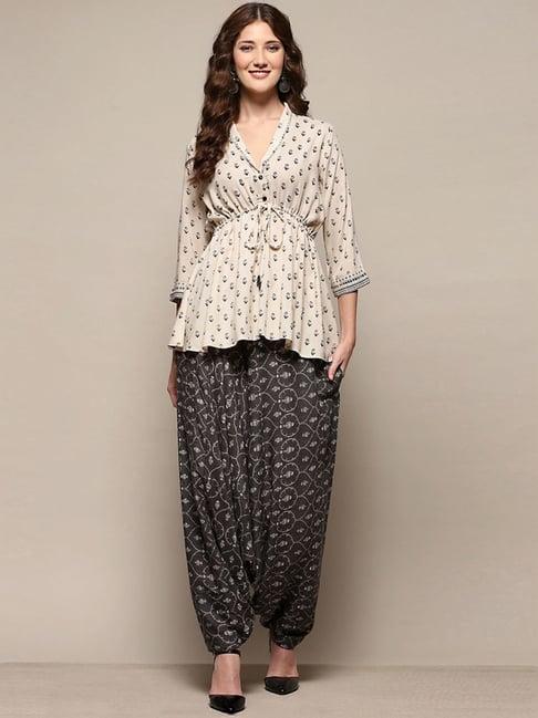 biba beige & grey printed tunic dhoti pant set