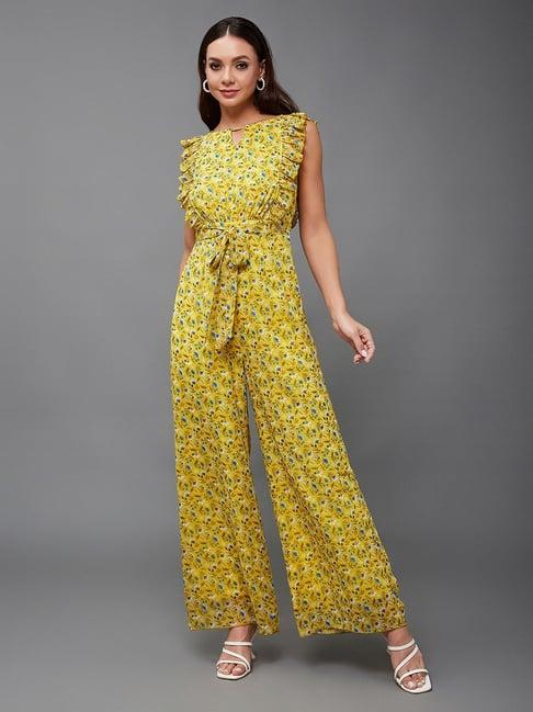 miss chase yellow & blue georgette floral print jumpsuit