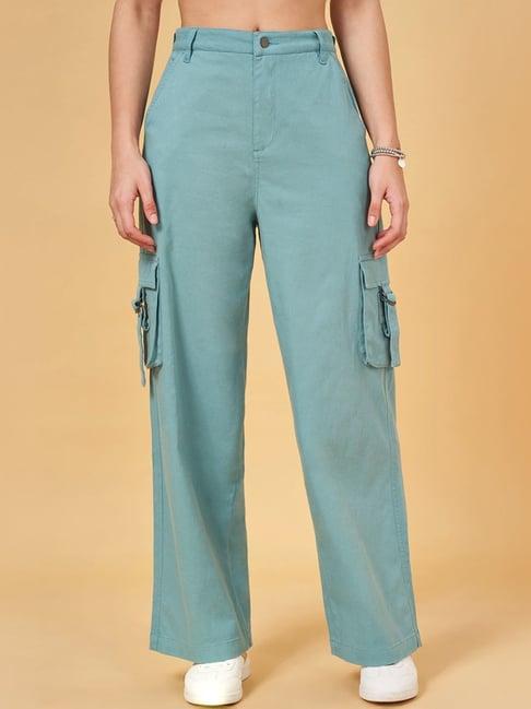 yu by pantaloons turquoise mid rise flared pants