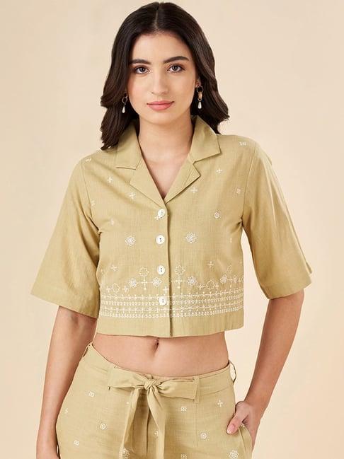 akkriti by pantaloons khaki embroidered crop shirt