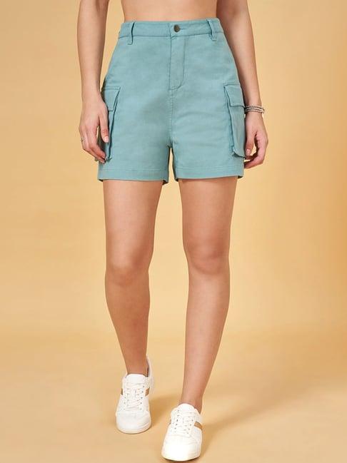 yu by pantaloons turquoise mid rise shorts