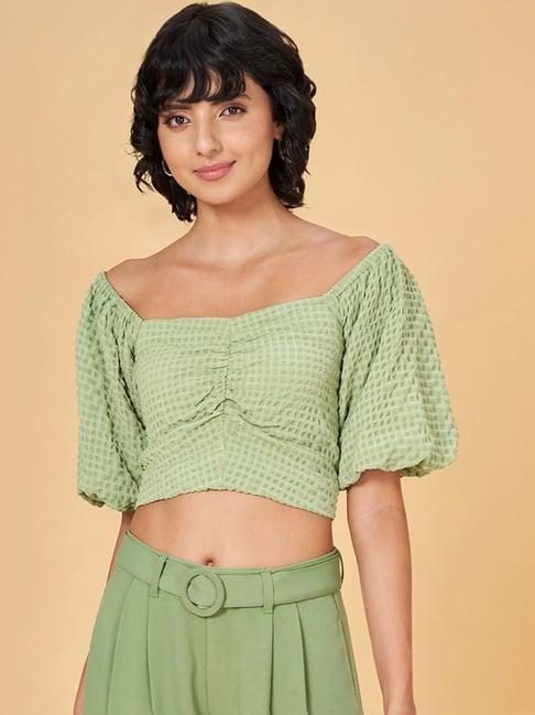 honey by pantaloons green self pattern crop top