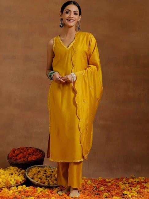 libas mustard straight fit kurta pant set with dupatta