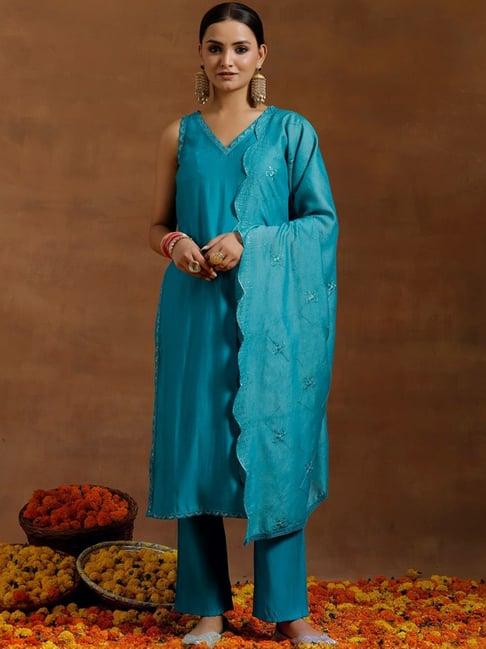 libas blue straight fit kurta pant set with dupatta