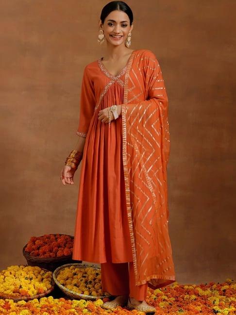 libas orange embroidered kurta pant set with dupatta