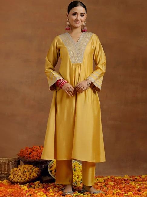 libas yellow embellished kurta pant set