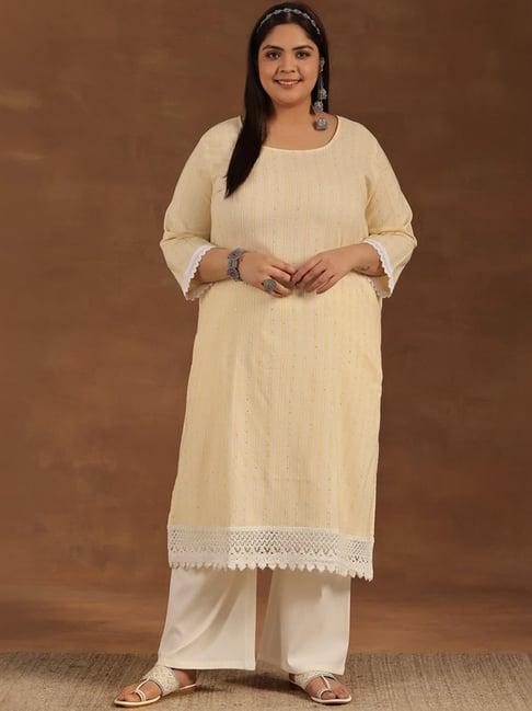 extra love by libas cream cotton embellished straight kurta