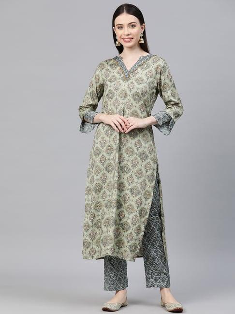 cottinfab sage green printed kurta with pants