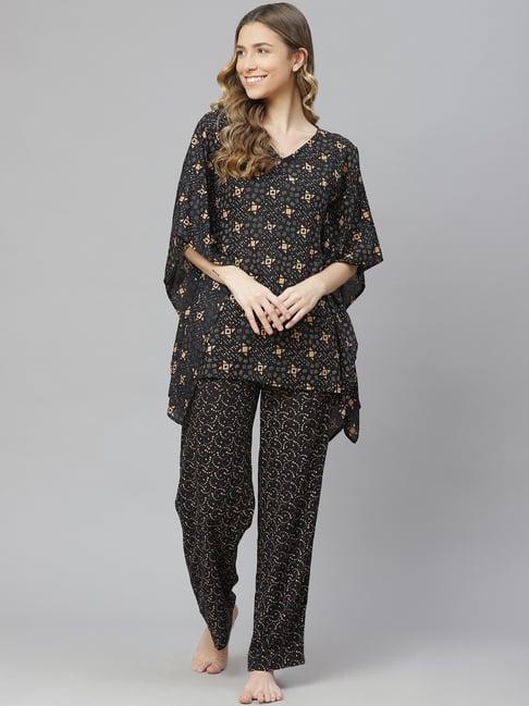 cottinfab black & beige printed kaftan top with pyjamas