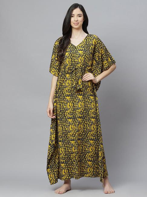 cottinfab yellow & black printed kaftan nighty