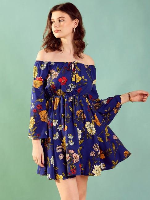 kassually royal blue floral print fit & flare dress