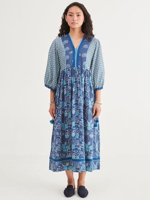 prakriti jaipur indigo floral midi dress