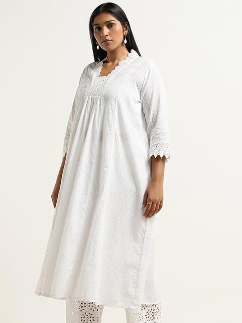 diza by westside white crochet detailed a-line cotton kurta