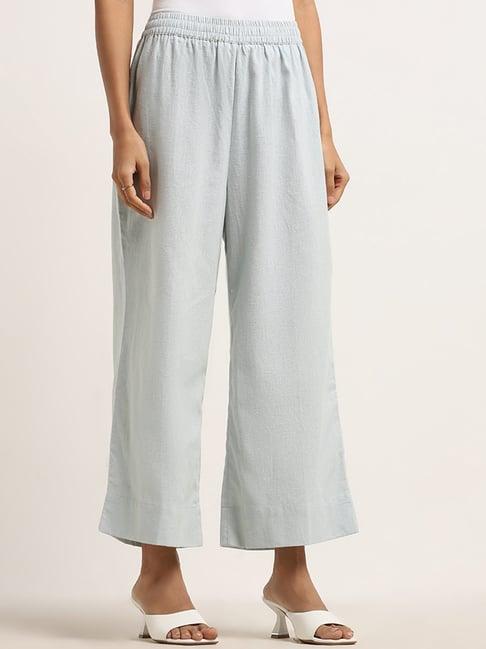 zuba by westside light blue mid-rise cotton palazzos