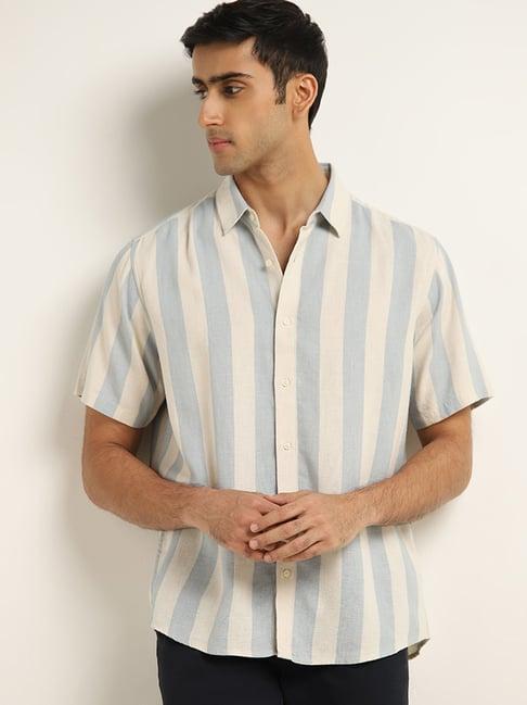 ascot by westside blue stripe print blended linen relaxed-fit shirt