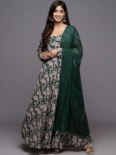 varanga green floral print anarkali kurta with dupatta