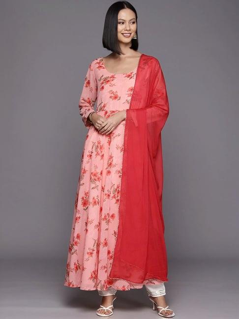 varanga peach floral print anarkali kurta with dupatta