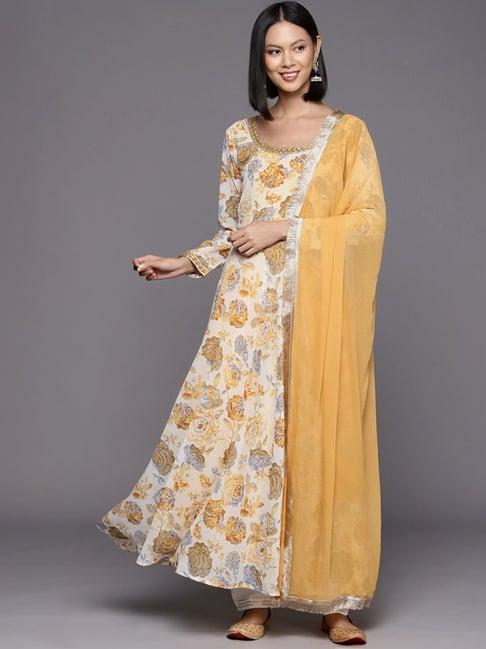 varanga yellow floral print anarkali kurta with dupatta