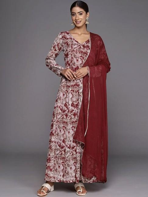 varanga maroon printed anarkali kurta with dupatta