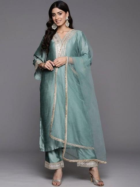 varanga green embroidered kurta palazzo set with dupatta