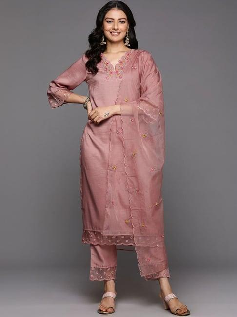 varanga peach embroidered kurta pant set with dupatta