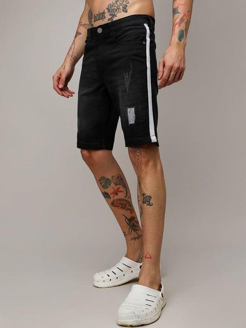 campus sutra black regular fit distressed cargo shorts