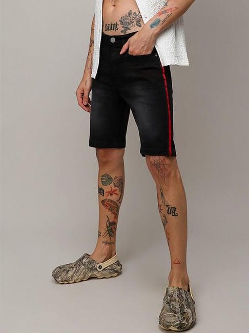 campus sutra black regular fit striped denim shorts