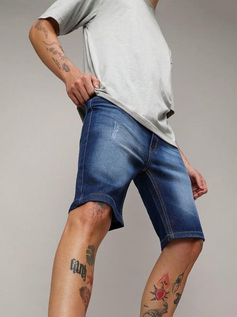 campus sutra blue regular fit distressed denim shorts