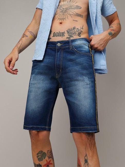 campus sutra blue regular fit distressed denim shorts