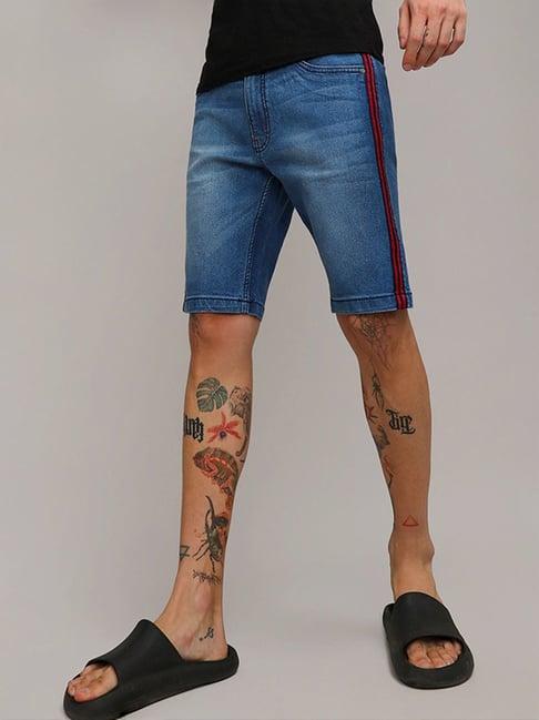 campus sutra blue regular fit striped denim shorts