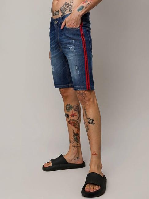 campus sutra blue regular fit distressed denim shorts