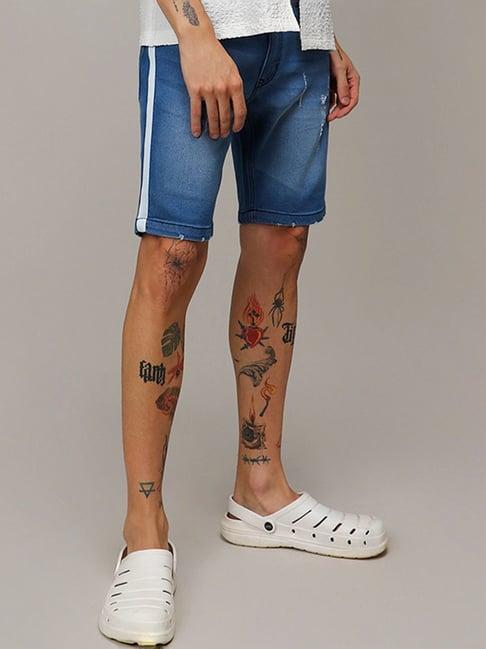 campus sutra blue regular fit distressed denim shorts