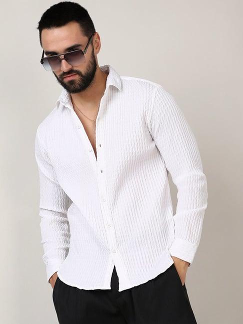 campus sutra white regular fit texture shirt