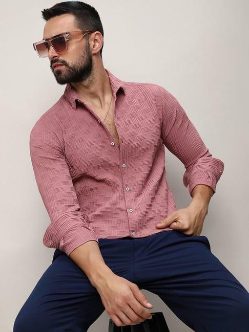 campus sutra pink regular fit texture shirt