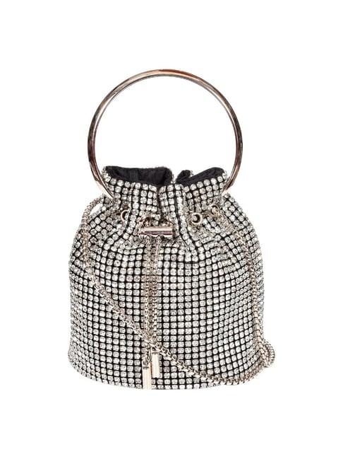 sassora rim silver leather embellished handbag