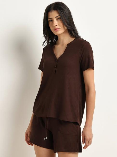 wunderlove by westside dark brown ribbed henley top