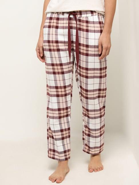 wunderlove by westside burgundy checkered mid-rise cotton pyjamas