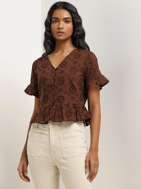 lov by westside dark brown schiffli design cotton top