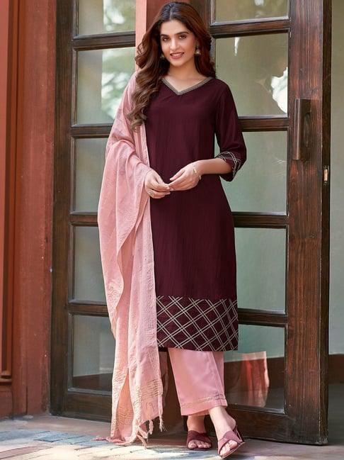 skylee maroon & pink regular fit kurta pant set with dupatta