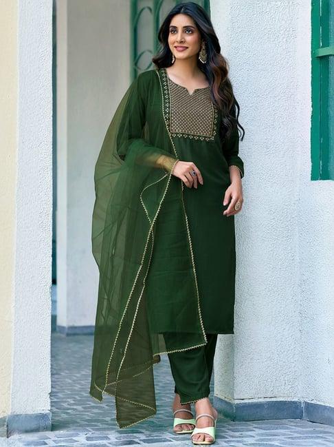 skylee bottle green embroidered kurta pant set with dupatta