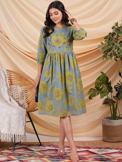 kami kubi grey & yellow cotton printed a-line dress