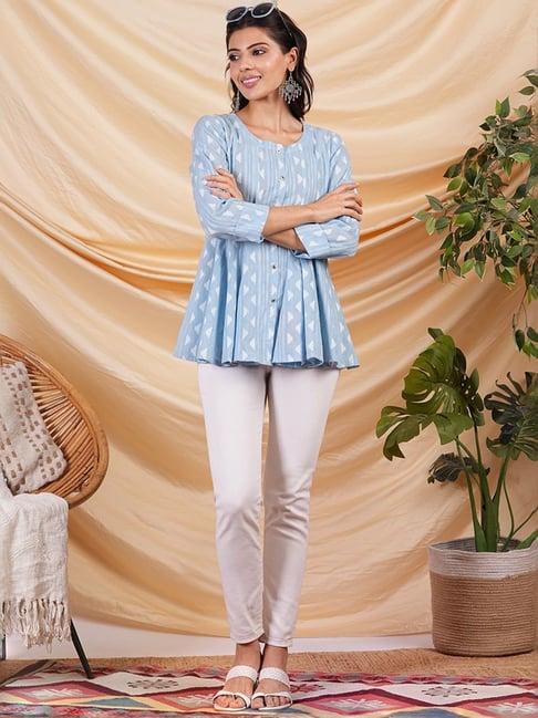 kami kubi blue cotton self pattern top