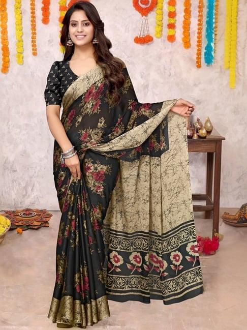 mirchi fashion black floral print saree with unstitched blouse