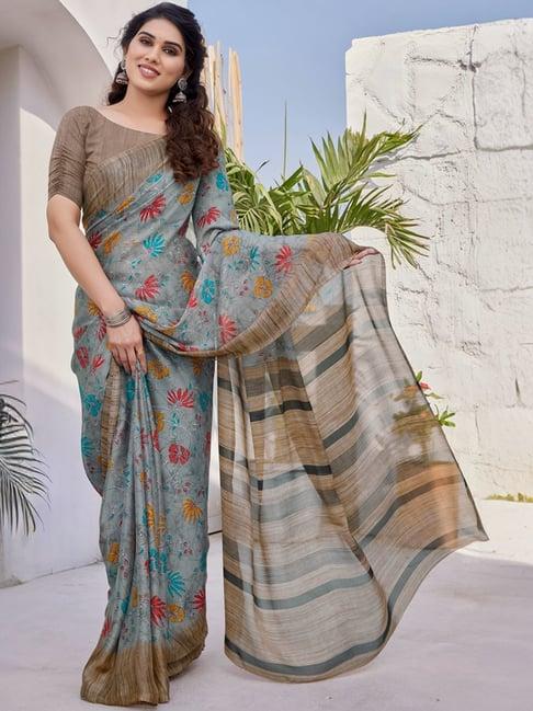 mirchi fashion grey floral print saree with unstitched blouse