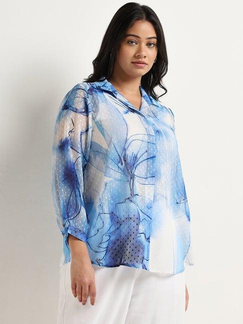 gia by westside blue floral printed tufted shirt